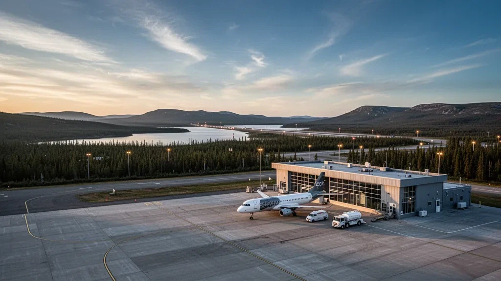 Terminal et aire de trafic de l'aéroport de Goose Bay au Labrador à l'heure dorée, entourés de forêt boréale sous un vaste ciel nordique