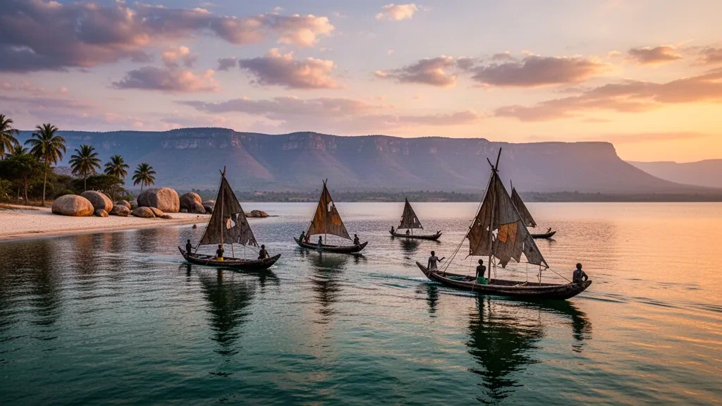 Traditional wooden dugout canoes with sails on calm Lake Malawi at golden hour, framed by distant Rift Valley hills