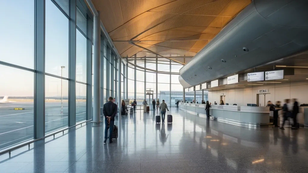 Luminoso interno del terminal dell'aeroporto di Fairview con banchi check-in, pareti in vetro e viaggiatori in movimento nella sala partenze