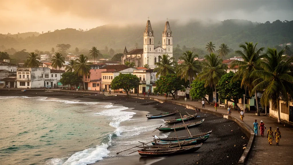 Golden-hour view over Bata waterfront, Río Muni, Equatorial Guinea, with fishing boats, palm trees and the old cathedral by the Atlantic