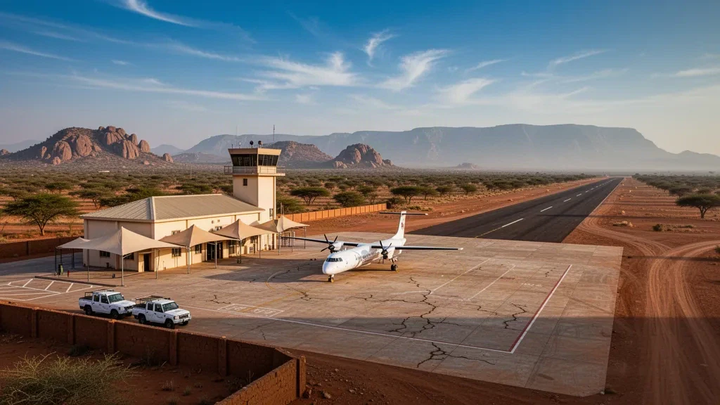 Sudan'ın Darfur bölgesindeki Zalingei Havalimanı'nda alçak terminal binası ve gün batımı ışığında kuru Sahel manzarasına karşı güneşle aydınlanan apron.