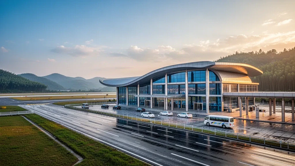 Çin'in Sichuan eyaletindeki Zigong Fengming Havaalanı'nda sıcak altın saat ışığıyla aydınlanan modern cam terminal ve yolcu indirme şeridi