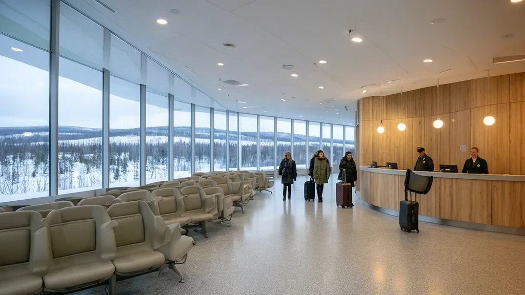 Labrador, Happy Valley-Goose Bay'deki Goose Bay Havalimanı'nda check-in kontuarları ve pencerelerin ötesinde karlı orman bulunan yolcu terminali iç mekânı