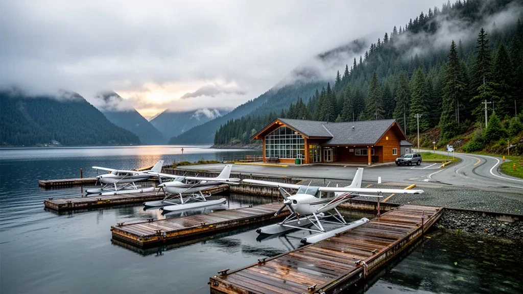Wasserflugzeuge an den hölzernen Docks des Wasserflugzeugstützpunkts Prince Rupert Seal Cove, dahinter bewaldete Küstenlinie und neblige Küstenberge