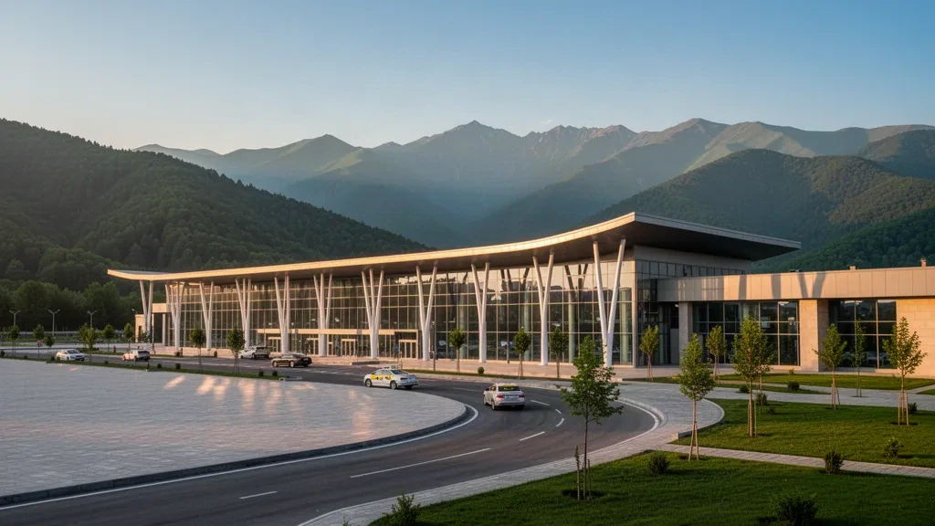 Terminal con facciata in vetro e corsia di sosta all'Aeroporto Internazionale di Zaqatala, con le boscose Montagne del Caucaso che si ergono sullo sfondo nella luce dorata