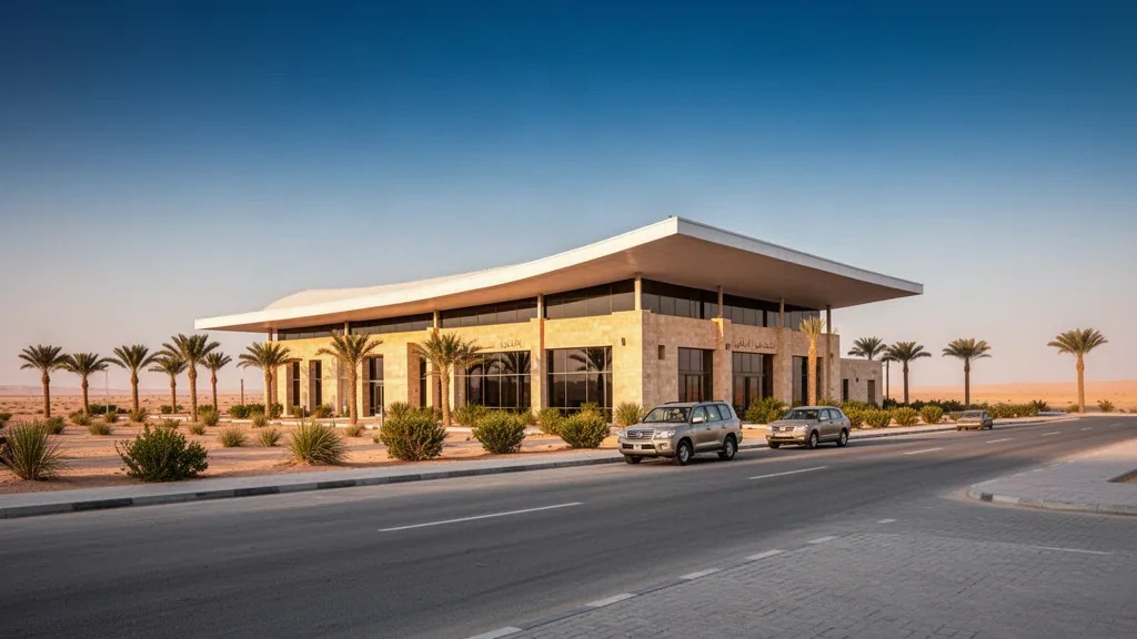 Extérieur moderne d'un terminal d'aéroport dans le désert à l'aéroport de Zilfi en Arabie saoudite, avec des palmiers, une voie de dépose et une lumière dorée
