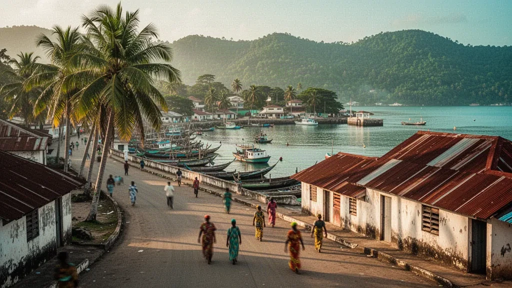Palmengesäumte Uferpromenade und Hafen von Bata, Äquatorialguinea, an der Küste von Litoral zur goldenen Stunde