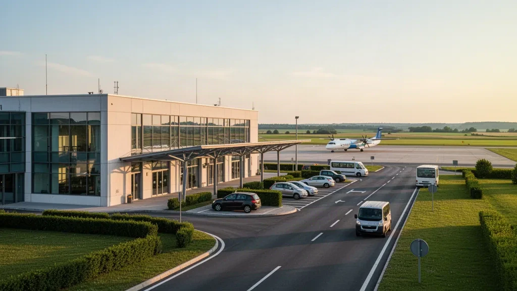 Macaristan'daki Hévíz–Balaton Havaalanı'nda gün batımı saatlerinde modern alçak terminal ve sakin apron, açık gökyüzü alanıyla çerçevelenmiş.