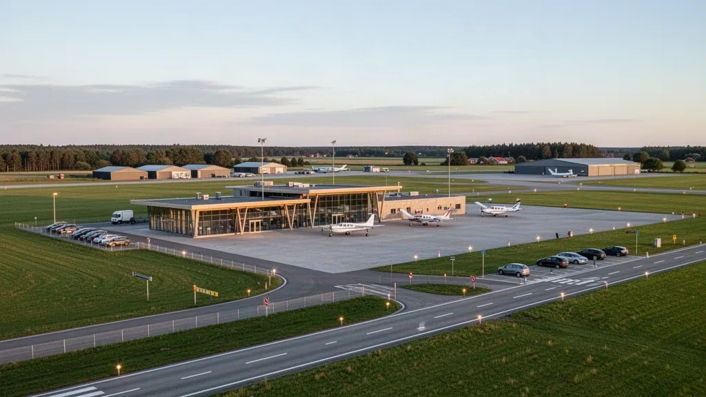 Danimarka'daki Skive Havalimanı'nın dış görünümü: gün ışığında küçük bir bölgesel terminal, apron ve hafif uçaklar