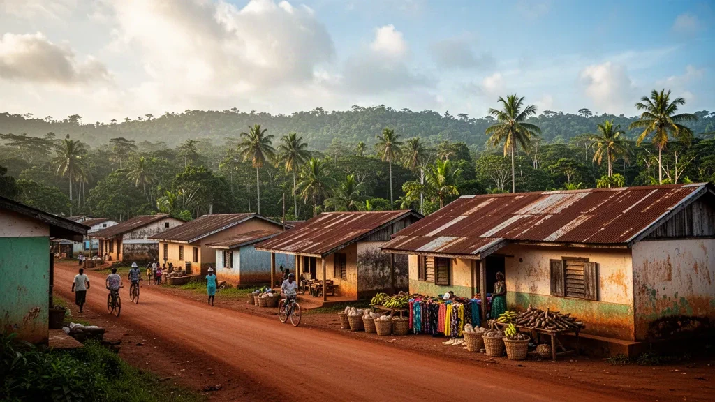 Paysage urbain tropical près d'Ebebiyin, capitale de la province du Kié-Ntem en Guinée équatoriale, entouré d'une forêt tropicale dense