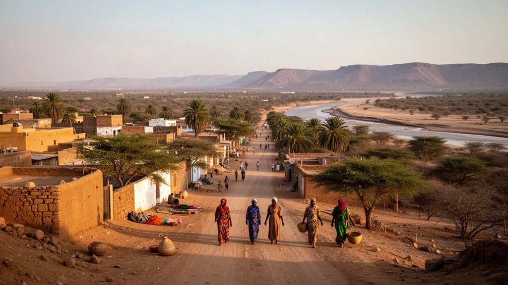 Blick zur goldenen Stunde über Barentu in der eritreischen Region Gash-Barka, mit Tiefland-Savanne, Akazienbäumen und ockerfarbenen Stadtgebäuden