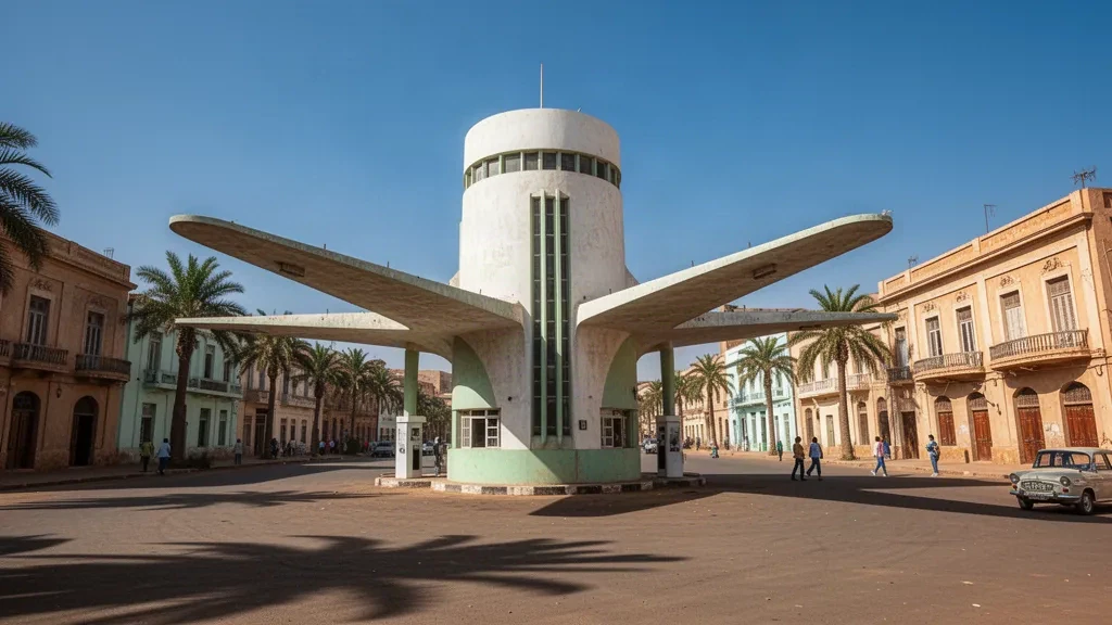 Futuristisches Fiat-Tagliero-Gebäude im Art-déco-Stil mit auskragenden Flügeln an einer sonnendurchfluteten palmengesäumten Straße in Asmara, Eritrea