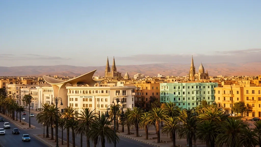 Veduta durante l'ora d'oro dello skyline Art Deco di Asmara e del viale alberato di palme nella regione di Maekel, Eritrea