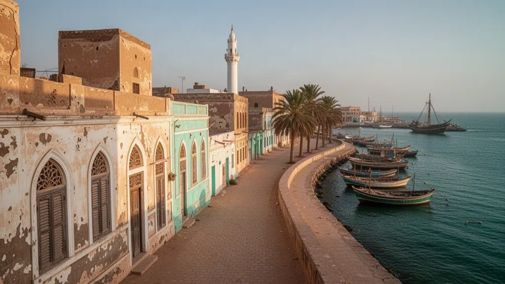 Bâtiments ottomans en pierre corallienne et minaret blanc au-dessus du port dans la vieille ville de Massawa, Nord de la mer Rouge, Érythrée