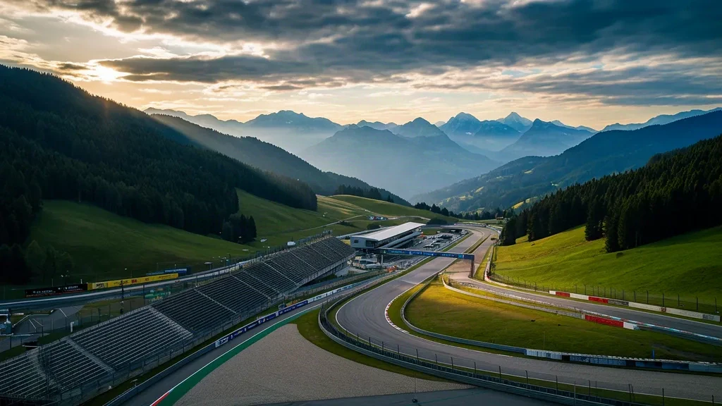 Alpine motorsport circuit curving through green Styrian hills near Spielberg, Austria, at golden hour with grandstands and mountain backdrop