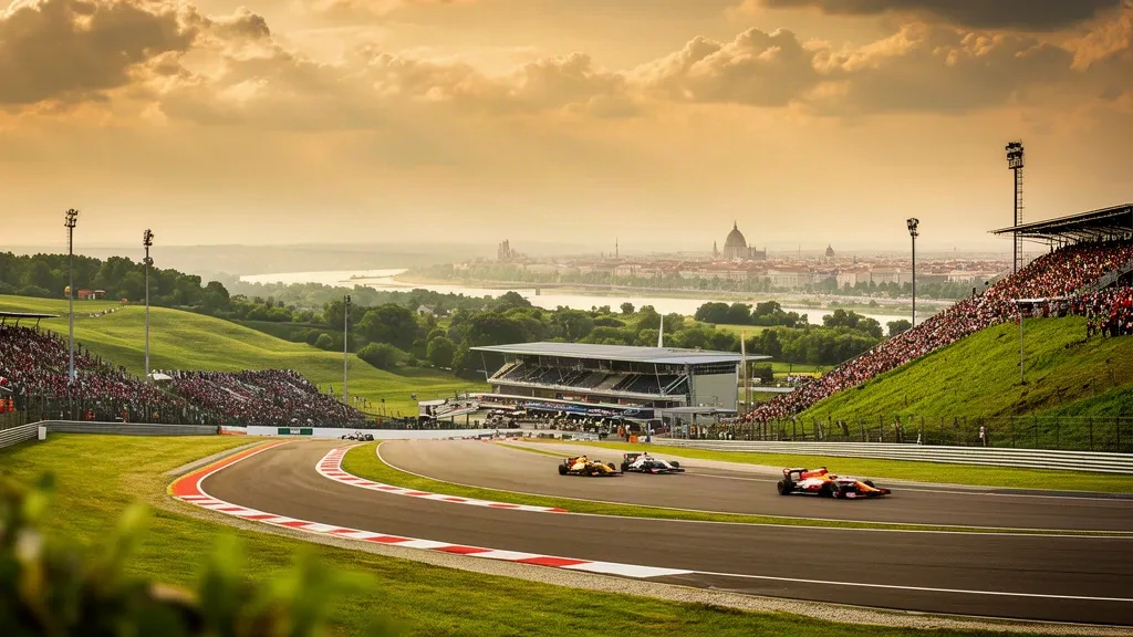 Race day at the Hungaroring circuit near Budapest, Hungary, with grandstands and open-wheel cars under golden summer light