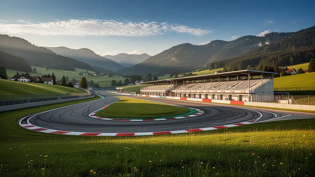 2027 Avusturya Grand Prix'ye ev sahipliği yapan, Steiermark, Avusturya'nın Spielberg kentindeki Red Bull Ring pisti, altın ışıkta yeşil Alp tepeleriyle çevrili