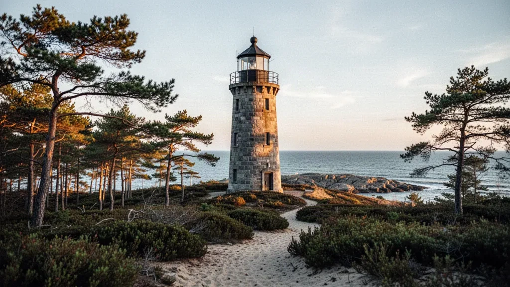 Historischer Leuchtturm Kõpu, der sich über dem Kiefernwald auf der Insel Hiiumaa im Kreis Hiiu, Estland, erhebt, beleuchtet vom weichen Licht der goldenen Stunde an der Ostsee
