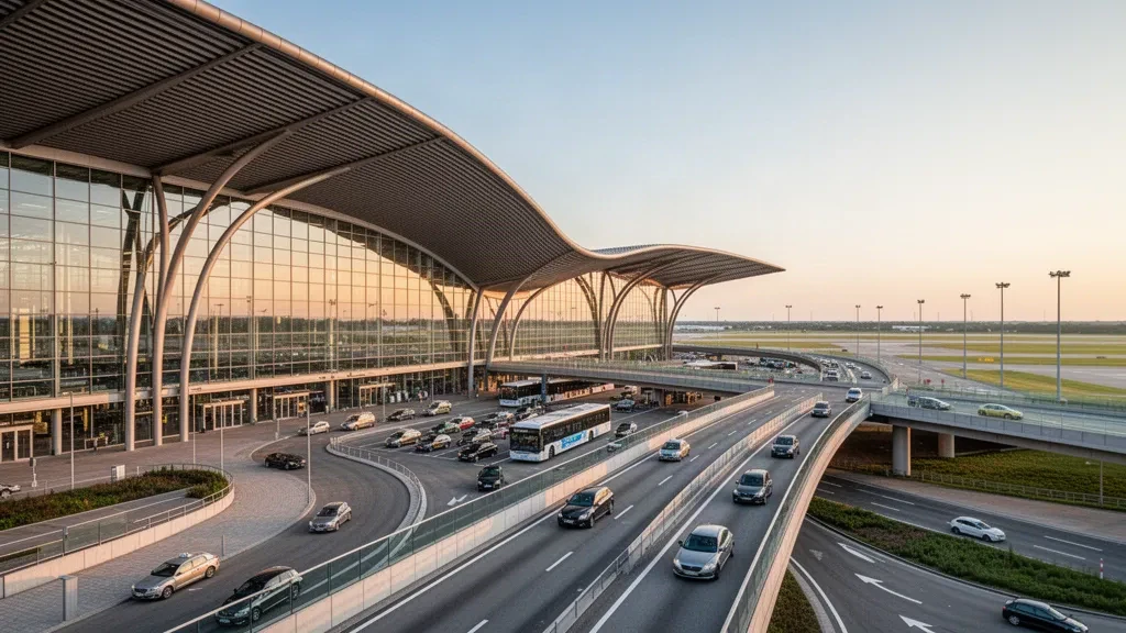 Extérieur moderne d'un terminal en verre et acier avec voies de dépose et taxis à l'aéroport de Munich dans une douce lumière dorée