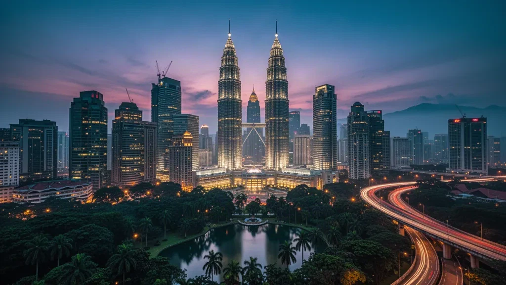 Horizonte de Kuala Lumpur al atardecer con las Torres Petronas brillando sobre la capital de Malasia