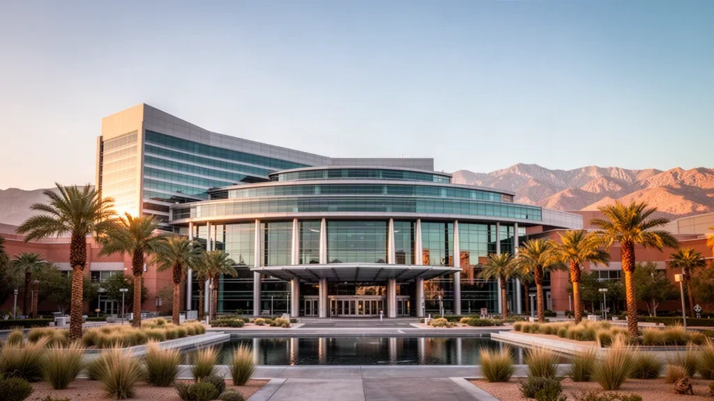 Extérieur moderne d'un centre de congrès de Las Vegas avec palmiers et montagnes du désert pour Future Travel Experience Global 2027