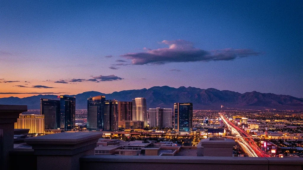 Skyline di Las Vegas all'ora blu con le montagne del deserto, scenario dell'evento Future Travel Experience Global 2027 in Nevada