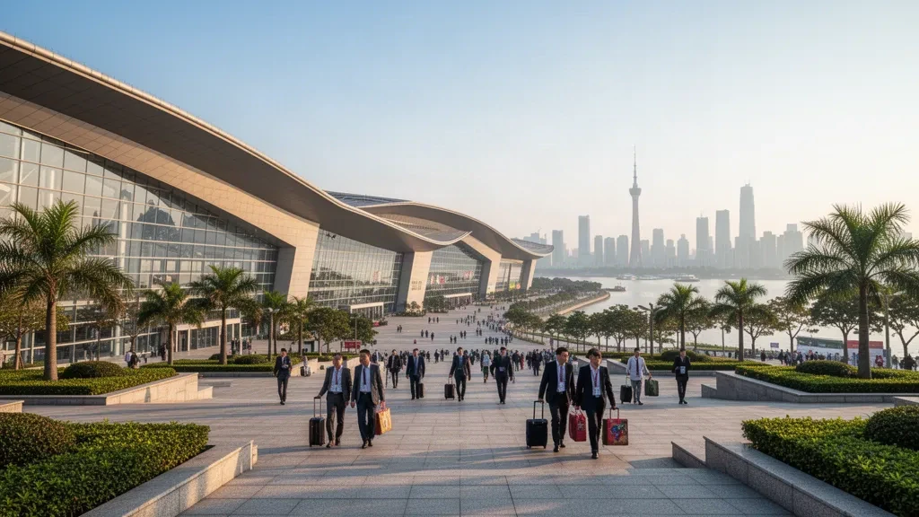 Exterior view of the Canton Fair Complex in Pazhou, Guangzhou, Guangdong, with the Canton Tower skyline on a clear autumn afternoon
