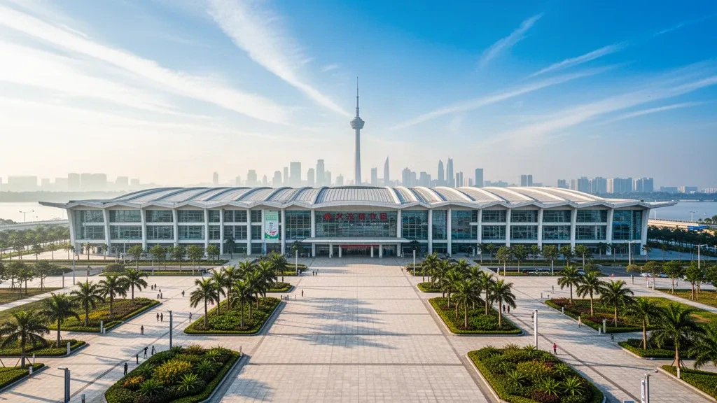 Extérieur du Canton Fair Complex à Pazhou, Guangzhou, Guangdong, avec des halls d'exposition modernes et une esplanade sous une luminosité printanière éclatante