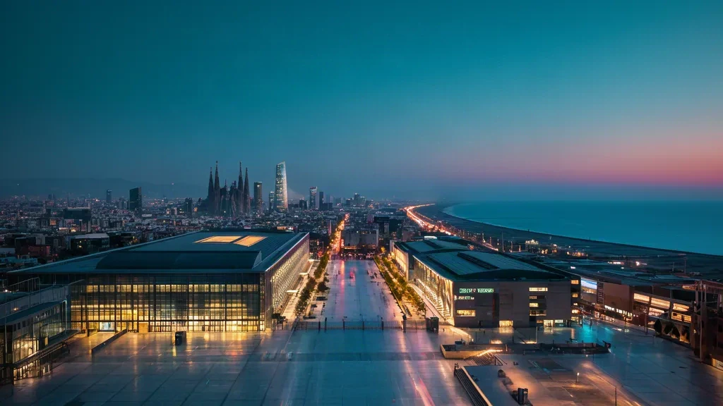 Barcelona skyline at dusk above the Fira Gran Via convention district, host venue of Mobile World Congress 2027 in Catalonia