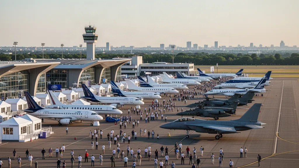 Aircraft on static display at Le Bourget airfield during the Paris Air Show 2027 in Île-de-France, France, on a sunny June afternoon.