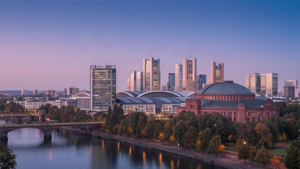 Frankfurter Skyline und Messehallen in der Abenddämmerung, Veranstaltungsumfeld der Frankfurter Buchmesse in Hessen, Deutschland