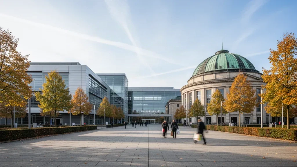 Moderni padiglioni espositivi in vetro e piazza presso Messe Frankfurt in Assia, Germania, sede ospitante della Fiera del Libro di Francoforte, in una giornata autunnale