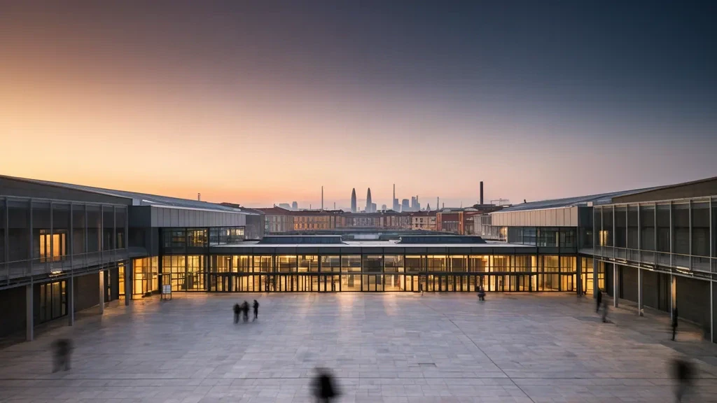 Fiera Milano Rho exhibition halls glowing at dusk, setting for Salone del Mobile Milano 2027 in Lombardy, Italy