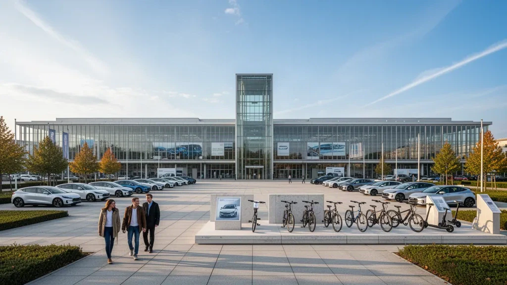 Moderne gläserne Messehallen und Eingangsplatz auf der Messe München in München, Bayern, Austragungsort der IAA Mobility