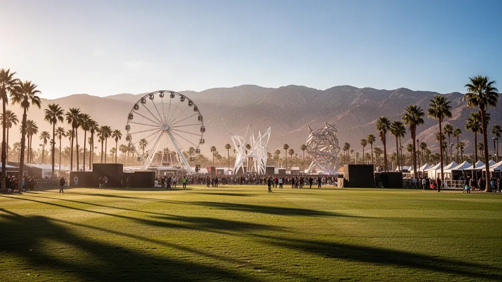 Vista durante la hora dorada del recinto del festival de Coachella en Indio, California, con palmeras, una noria y montañas del desierto al fondo