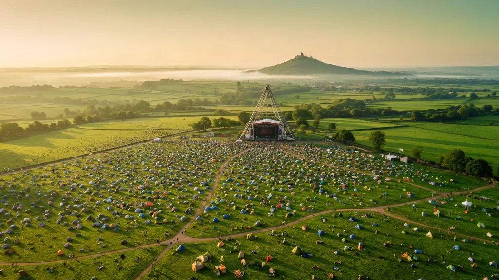 Golden-hour aerial view of the Glastonbury Festival site at Worthy Farm in Somerset, England, with tents, a stage and Glastonbury Tor on the horizon.