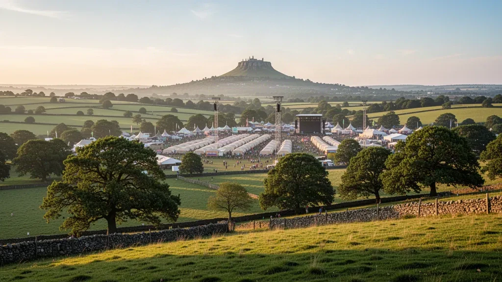 Vista amplia del recinto del Festival de Glastonbury en Worthy Farm, Somerset, Inglaterra, con verdes colinas onduladas y Glastonbury Tor en el horizonte