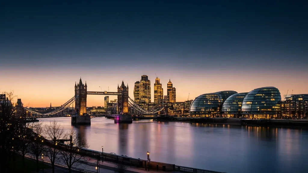 Panorama de Londres et Tamise au crépuscule, ville hôte de l'International Sports Convention 2027 en Angleterre