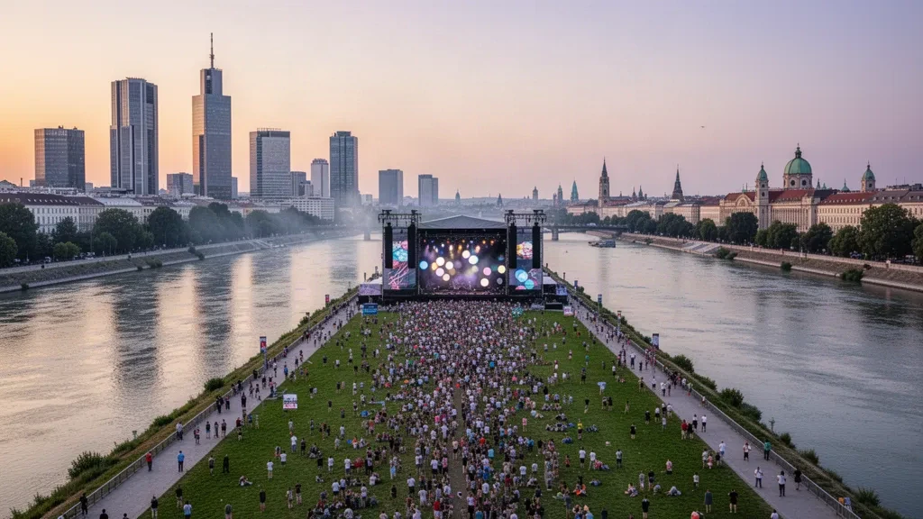 Donauinselfest sırasında Viyana'nın Tuna Adası'nda kalabalıklar ve açık hava sahnesi, alacakaranlıkta Tuna nehri ve şehir silüeti