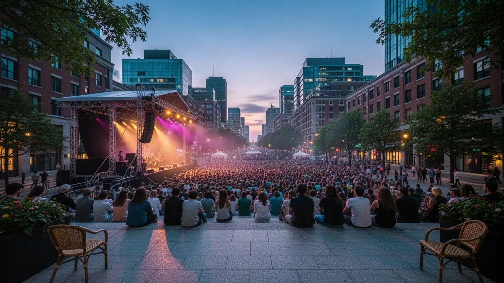 Scène extérieure de festival de jazz et foule au crépuscule dans le Quartier des spectacles du centre-ville de Montréal, Québec, Canada, à l'été 2027.