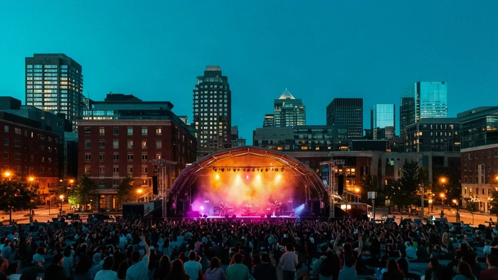 Montreal'daki Quartier des Spectacles'ta açık hava caz festivali sahnesinde akşam kalabalığı, arka planda parlayan şehir merkezi silueti