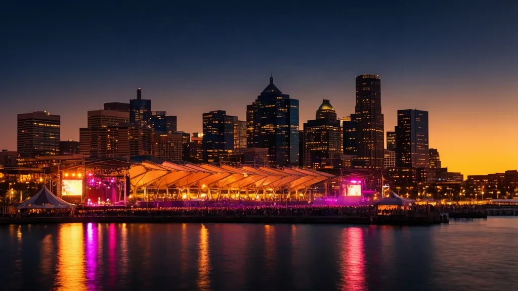 Milwaukee lakefront festival grounds with open-air stages glowing at dusk and the downtown skyline rising behind