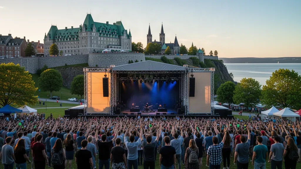 Foule en soirée à un festival de musique estival en plein air sur les Plaines d'Abraham avec les toits historiques de Québec derrière la scène