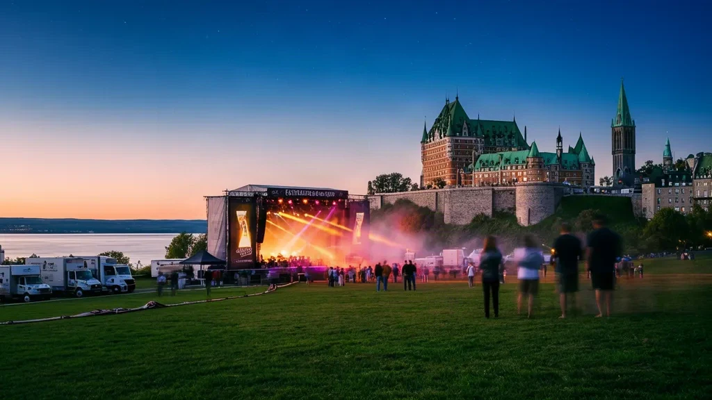 Quebec City'de Abraham Ovaları üzerinde alacakaranlık, Château Frontenac silüeti ve Quebec Yaz Festivali sırasında sıcak konser sahne ışıkları.