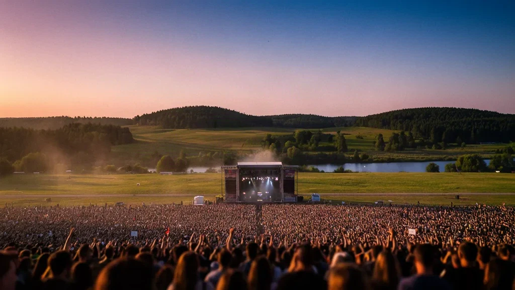 Multitud enorme en el festival al atardecer en el aeródromo de Czaplinek-Broczyno durante el Festival Pol'and'Rock en Pomerania Occidental, Polonia