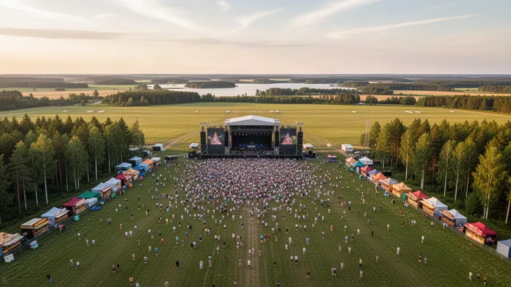 Ampia veduta del terreno del Pol'and'Rock Festival sull'aerodromo di Czaplinek-Broczyno in Pomerania Occidentale, Polonia, durante l'ora d'oro.