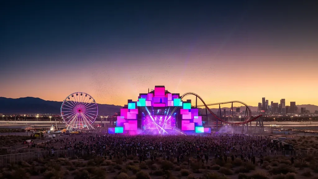 Vista al atardecer de un festival de música electrónica al aire libre iluminado con neón en el Las Vegas Motor Speedway, con una noria de carnaval resplandeciente y el horizonte del desierto a lo lejos.