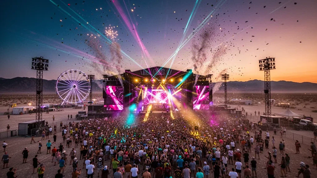 Scène principale illuminée et foule sur le site du festival EDC Las Vegas dans le désert du Nevada près de Las Vegas au crépuscule