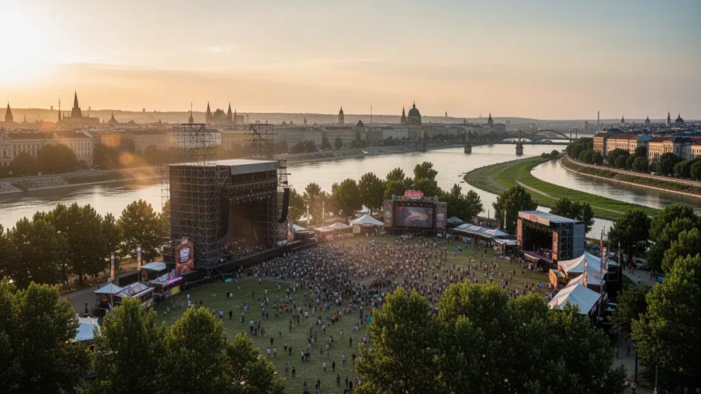 Recinto del Sziget Festival en la isla de Óbuda, en Budapest, con escenarios, multitudes, árboles y el Danubio en la hora dorada