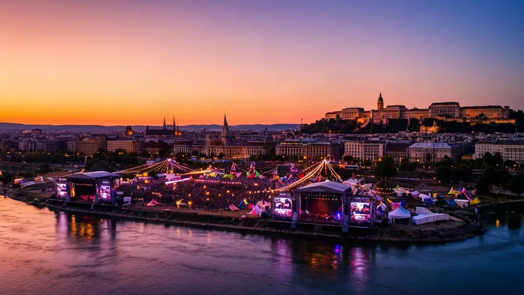 Vue panoramique du Sziget Festival sur l'île d'Óbuda avec les toits de Budapest et le Danube au coucher du soleil, lumières du festival illuminées.